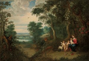 Paesaggio boscoso con la Vergine e il Bambino, il giovane San Giovanni Battista e un angelo da Jan Brueghel the Younger