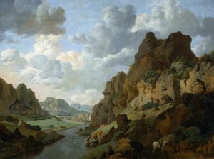 Olandese: Paesaggio montano con viaggiatori in riposo Paesaggio roccioso. da Jan van Aken