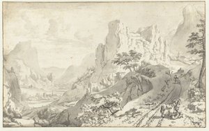 Paesaggio montano con viaggiatori su una strada da Jan van Aken