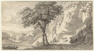 Paesaggio montano con traghetto da Jan van Aken