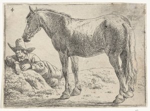 Cavallo in piedi con cavaliere a riposo Paesaggi con cavalli (titolo della serie) da Jan van Aken