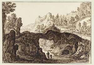 Paesaggio montuoso roccioso con due viaggiatori in primo piano da Jan van Almeloveen