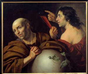 Eraclito e Democrito, i filosofi greci Eraclito di Efeso e Democrito, dipinto di Jan van Bijlert, XVII secolo