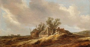 Un esteso paesaggio dunale con contadini che riposano davanti a una casa colonica da Jan van Goyen