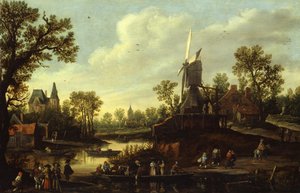 Tedesco: Flusslandschaft mit Fähre Paesaggio fluviale con traghetto da Jan van Goyen