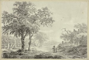 Uomo e ragazzo a piedi lungo la strada del villaggio da Jan van Goyen