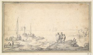 Tre figure su una duna che domina la baia con navi da Jan van Goyen