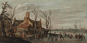 Paesaggio invernale con figure sul ghiaccio vicino a un cottage da Jan van Goyen