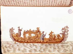 Una gondola reale - Disegno ad acquerello e inchiostro dal manoscritto "Costumi dei Veneziani" di Jan van Grevenbroeck