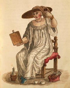 Signora che si trucca, di Jan van Grevenbroeck o Giovanni Grevembroch, Gli Abiti de Veneziani, da libro illustrato di costumi, acquerello da Jan van Grevenbroeck