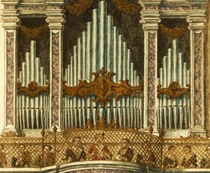 Organo, dettaglio dalla cantata delle putte, di Giovanni Grevembroch da Jan van Grevenbroeck