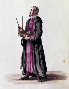 Rappresentazione di un architetto navale, tiene in mano il modello in miniatura della nave che ha costruito (dettaglio). Disegno ad acquerello e inchiostro dal manoscritto "Costumi dei Veneziani" di Jan van Grevenbroeck (o Giovanni Grevembroch) (1731-1807) da Jan van Grevenbroeck
