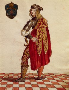 Abito di cavaliere della Confraternita della Calza nel 1564, da Gli Abiti de Veneziani, libro illustrato di costumi da Jan van Grevenbroeck