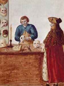 Il negozio di maschere del Carnevale di Venezia: un personaggio mascherato viene a ritirare una maschera dall
