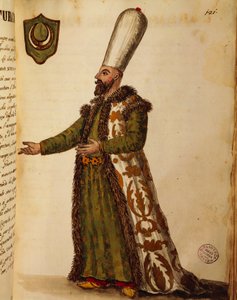 Ambasciatore turco a Venezia, incisione colorata di Giovanni di Grevembroch, da Gli abiti de veneziani (costumi dei veneziani), volume II, tavola 121 da Jan van Grevenbroeck