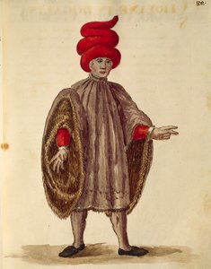 Giovane uomo che indossa la "Dogalina", veste formale con maniche larghe, di Jan van Grevenbroeck o Giovanni Grevembroch, Gli Abiti de Veneziani, da libro illustrato di costumi da Jan van Grevenbroeck