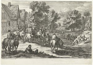 Veduta di un villaggio con cavalieri in primo piano da Jan van Huchtenburg