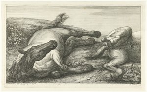 Due cavalli caduti, di cui uno visto di fronte da Jan van Huchtenburg