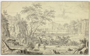 Paesaggio Italianizzante con Pastore e Gregge presso un Ruscello, Città in Lontananza da Jan van Huysum