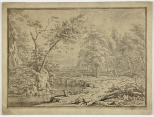 Paesaggio con pastori vicino al fiume e uomo a cavallo da Jan van Huysum