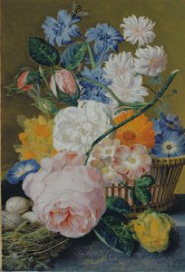 Rose, gloria del mattino, narcisi, astro e altri fiori in un cesto, con uova in un nido su un ripiano di marmo, 1744