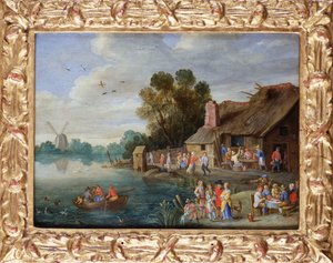 Paesaggio fluviale con nobili in una locanda di villaggio da Jan van Kessel