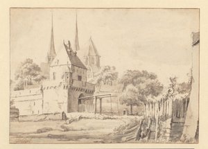 Veduta della Bergpoort e della Bergkerk a Deventer
