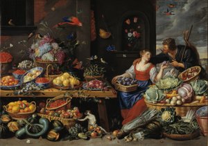 Mercato di frutta e verdura con una giovane venditrice di frutta da Jan van Kessel d.Æ.