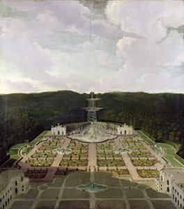 Vista dal giardino e dalla grotta ai piedi delle cascate fino all