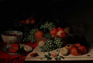 Un cesto di uva e mele da Jan van Os