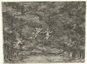 Scenografia con angeli nel cielo notturno da Jan van Ossenbeeck