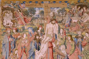 Arazzo fiammingo. Serie La passione di Cristo: Discesa dalla croce. Manifattura Pieter van Aelst. Cartonista Jan van Roome. Ca 1507-1520. (dettaglio)