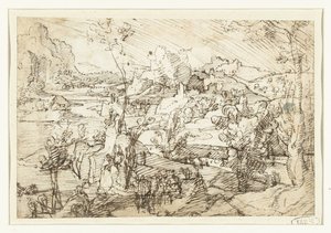 Paesaggio con rocce, figure e una nave a vela da Jan van Scorel (attributed to)