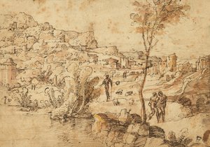 Paesaggio con pastori lungo un fiume e una città (recto); studi di figure e rovine romane (verso) da Jan van Scorel
