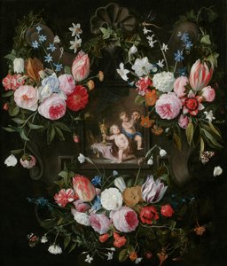 Natura Morta con Cartiglio di Fiori Attorno a un
