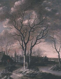 Paesaggio fluviale ghiacciato con viaggiatori su un sentiero da Jan van de Capelle or Cappelle