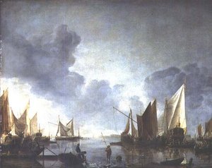 Una calma, con un dignitario accolto in una barca di stato e pescatori in primo piano da Jan van de Capelle or Cappelle