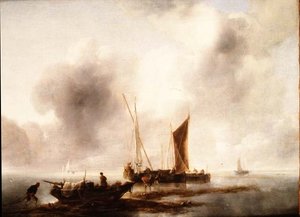Pescatori che scaricano il loro pescato in una calma