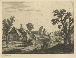 Veduta di un villaggio con donna e bambino nella strada del villaggio da Jan van de Cappelle (attributed to)