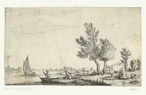 Paesaggio fluviale con due uomini in una barca a remi da Jan van de Cappelle (attributed to)