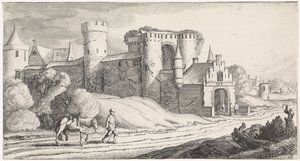 Contadino con un cavallo su una strada lungo un castello