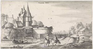 Figure presso un castello in un paesaggio fluviale (Paesaggi piacevoli e vedute divertenti)