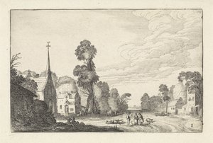 Figure e bestiame in un villaggio con una chiesa (Paesaggi) da Jan van de Velde (II)