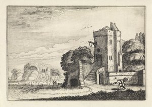 Figure con una gabbia per uccelli vicino a una torre in un paesaggio da Jan van de Velde (II)