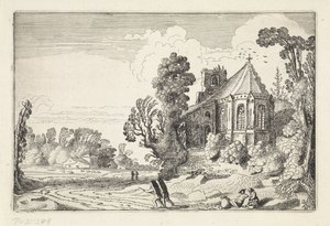 Figure su una strada di campagna presso una rovina di chiesa
