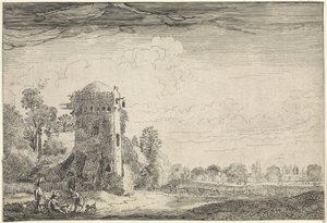Cacciatori con cani vicino a una torre in un paesaggio da Jan van de Velde (II)