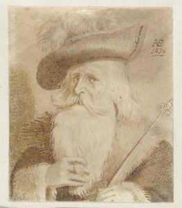 Uomo con colletto di pelliccia, cappello e bastone da Jan van de Velde (II)