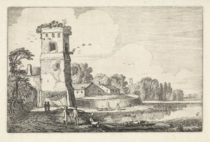 Ponte con pecore vicino a una torre in un paesaggio fluviale da Jan van de Velde (II)