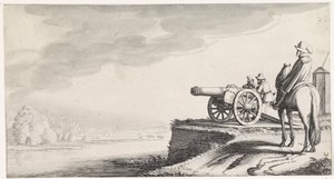 Cavaliere e due soldati vicino a un cannone su una riva del fiume (Playsante lantschappen ende vermakelycke gesichten) da Jan van de Velde (II)