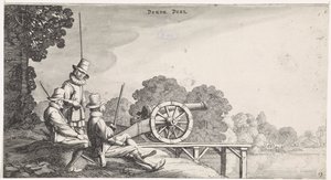 Soldati presso un cannone su un molo lungo un fiume da Jan van de Velde (II)